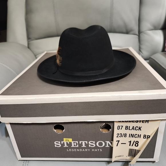Stetson Black Felt Fedora with Feather Trim